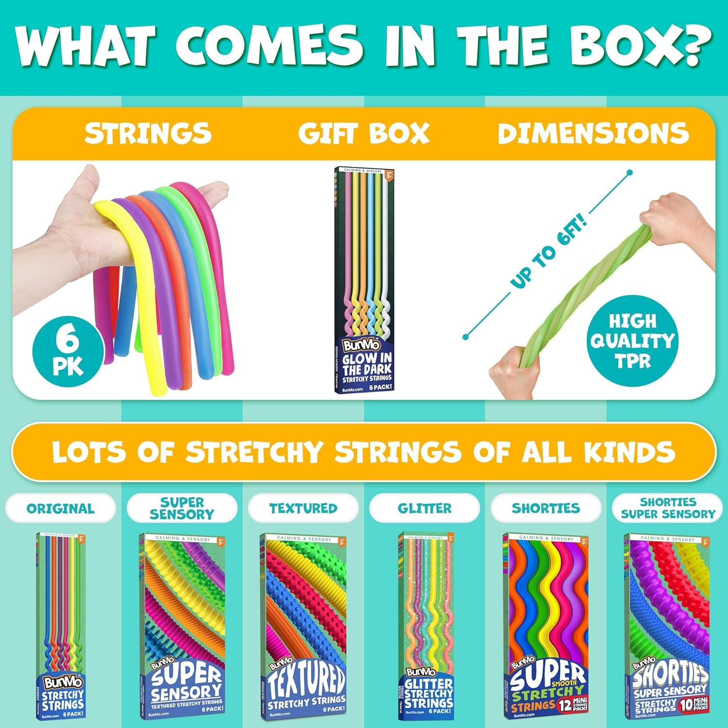 Sensory Toys Stretchy Strings for Toddlers 3+ - Stimulating & Addictive Fidget Toys for Kids - Hours of Fun for Kids - Non-Mouthable Toy 3+ - Glow 6 Pack