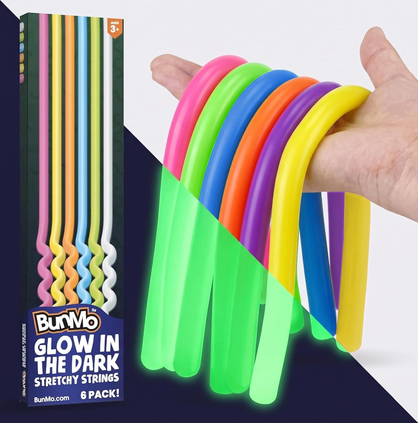 Sensory Toys Stretchy Strings for Toddlers 3+ - Stimulating & Addictive Fidget Toys for Kids - Hours of Fun for Kids - Non-Mouthable Toy 3+ - Glow 6 Pack