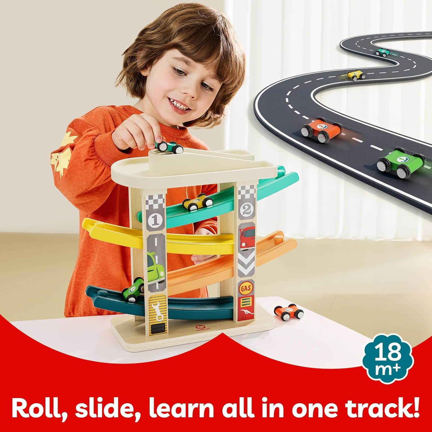 Toddler Toys for 2 Year Old Boy, Wooden Car Ramp Race Track Set, Car Toys for Toddlers 1-3 with Cars and a Garage, Montessori Toys for 12 Year Old Boy Girl,Birthday Gift for Age 18+ Month