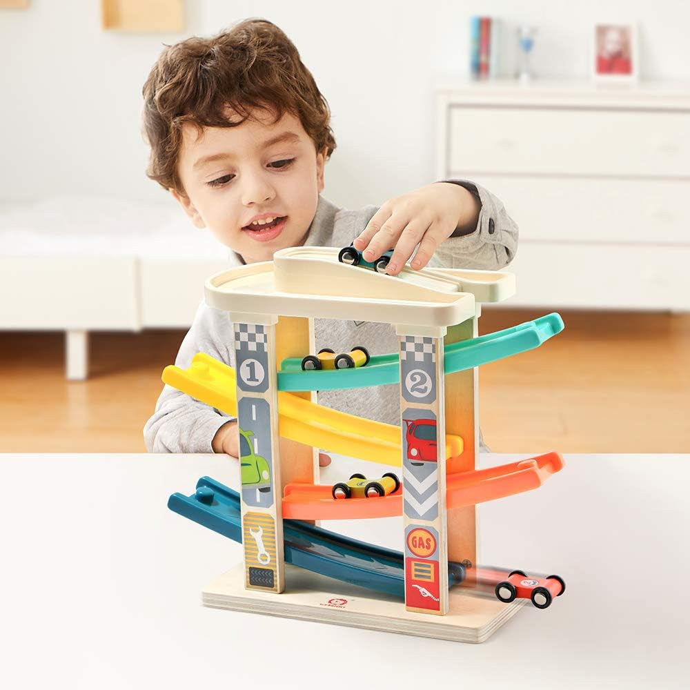 Toddler Toys for 2 Year Old Boy, Wooden Car Ramp Race Track Set, Car Toys for Toddlers 1-3 with Cars and a Garage, Montessori Toys for 12 Year Old Boy Girl,Birthday Gift for Age 18+ Month