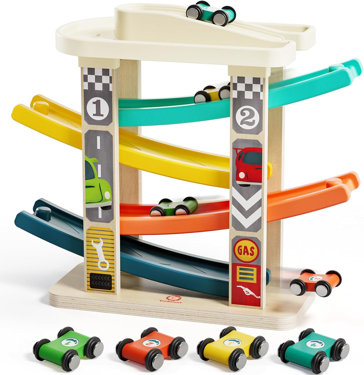 Toddler Toys for 2 Year Old Boy, Wooden Car Ramp Race Track Set, Car Toys for Toddlers 1-3 with Cars and a Garage, Montessori Toys for 12 Year Old Boy Girl,Birthday Gift for Age 18+ Month