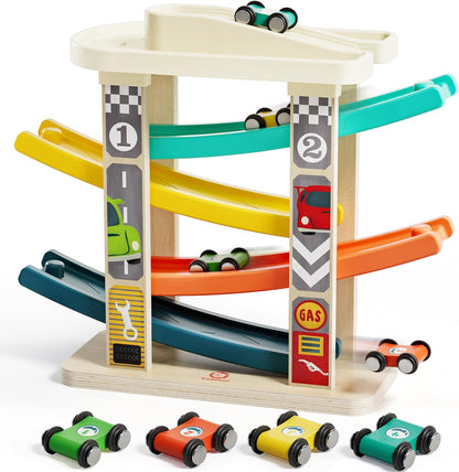 Toddler Toys for 2 Year Old Boy, Wooden Car Ramp Race Track Set, Car Toys for Toddlers 1-3 with Cars and a Garage, Montessori Toys for 12 Year Old Boy Girl,Birthday Gift for Age 18+ Month