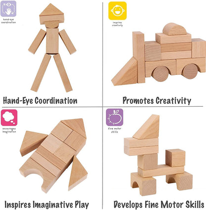 Wooden Blocks - 100 Pcs - Building Blocks for Toddlers - Includes Storage Container with Shape Sorter Lid - Natural Beech Wood Blocks - Preschool Learning Toys Stacking Block