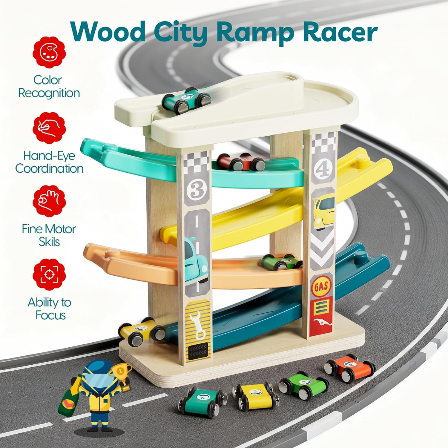 Toddler Toys for 2 Year Old Boy, Wooden Car Ramp Race Track Set, Car Toys for Toddlers 1-3 with Cars and a Garage, Montessori Toys for 12 Year Old Boy Girl,Birthday Gift for Age 18+ Month