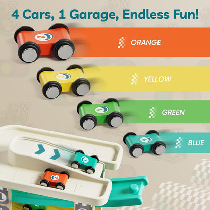 Toddler Toys for 2 Year Old Boy, Wooden Car Ramp Race Track Set, Car Toys for Toddlers 1-3 with Cars and a Garage, Montessori Toys for 12 Year Old Boy Girl,Birthday Gift for Age 18+ Month