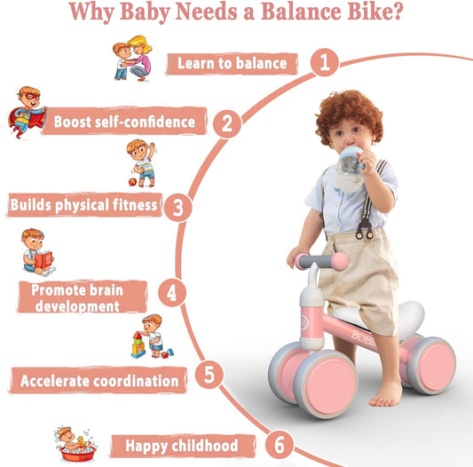 Baby Balance Bike Toys for 12-36 Months Kids Toy Boy Girls Gifts Toddler Best First Birthday Gift Children Walker No Pedal Infant 4 Wheels Bicycle (Pink)